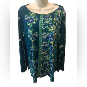 Susan Graver Printed Liquid Knit Long-Sleeve Bateau Neck Top Sz. L Teal Career